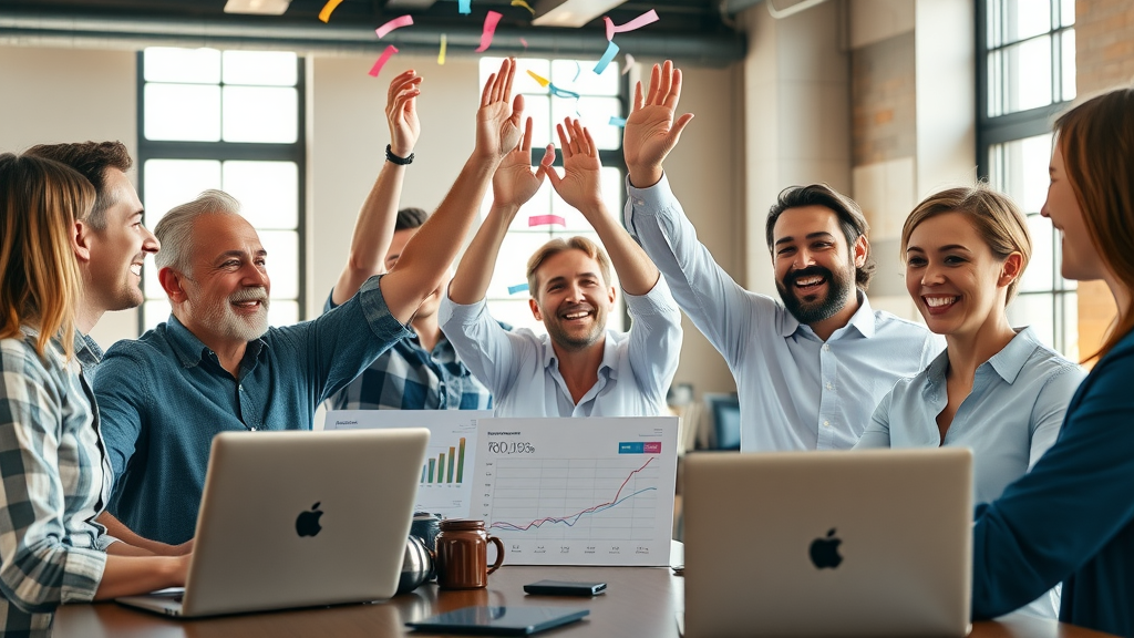 Marketing team celebrating segmentation-driven ROI – boosting marketing efforts with customer segmentation