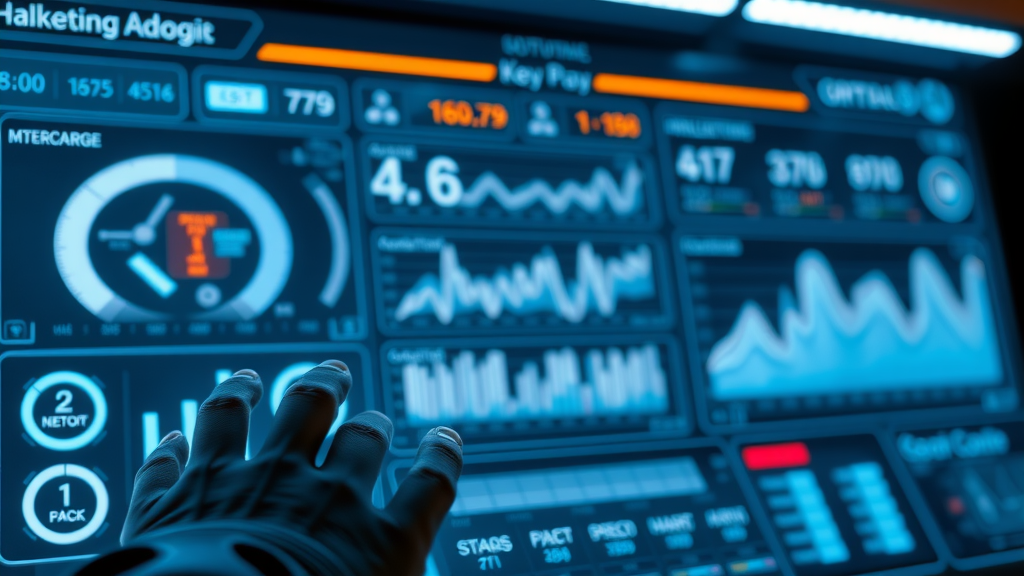Futuristic marketing automation platform dashboard interface showing ROI key metrics, automation platform