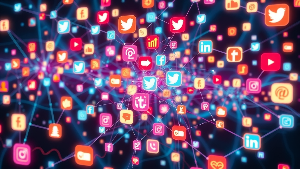 Vivid network of social media icons linked with content marketing; digital marketing trends visualized in glowing colors.