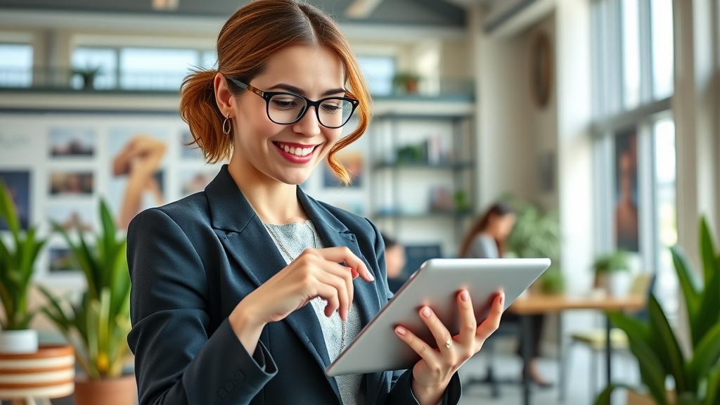 Smiling businesswoman launching display google ads campaigns reaching potential customers