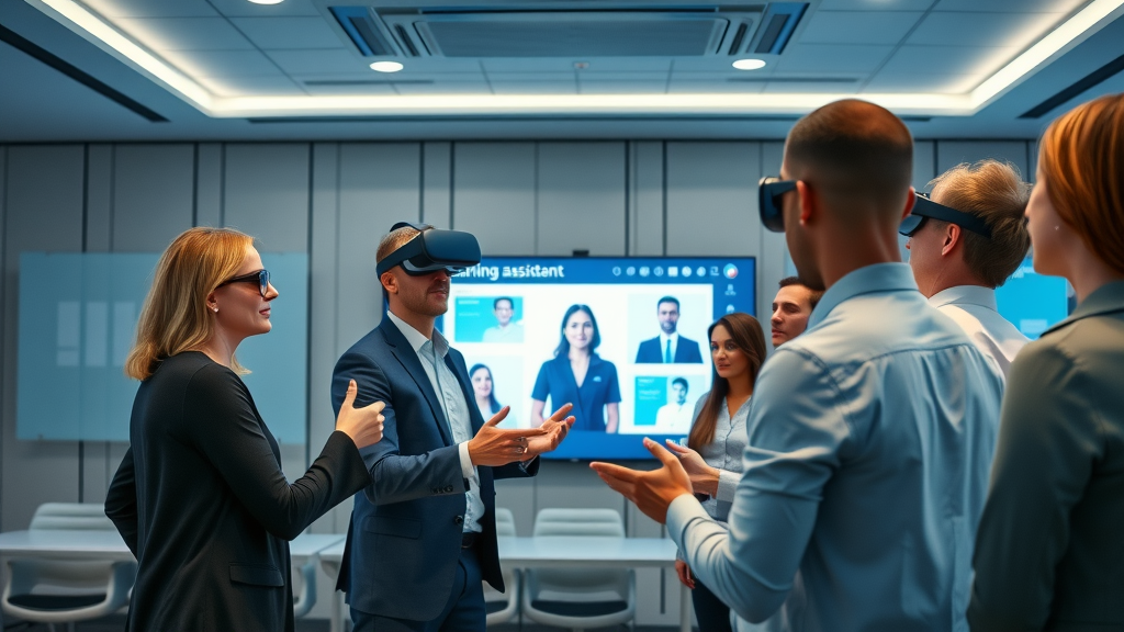 marketing team learning from AI-powered virtual assistant during a training session on integrating artificial intelligence