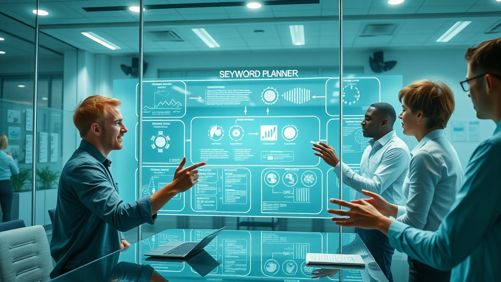 Innovative SEO team mapping a keyword planner workflow with digital overlays using advanced search tools