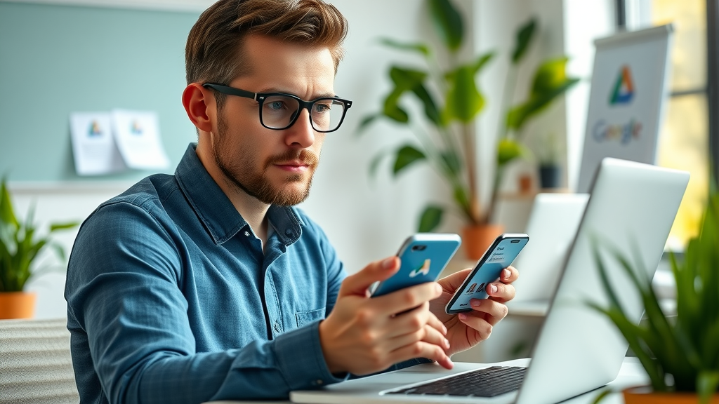 digital marketer managing Google ads campaign on laptop and smartphone, focused on display advertising and search ads
