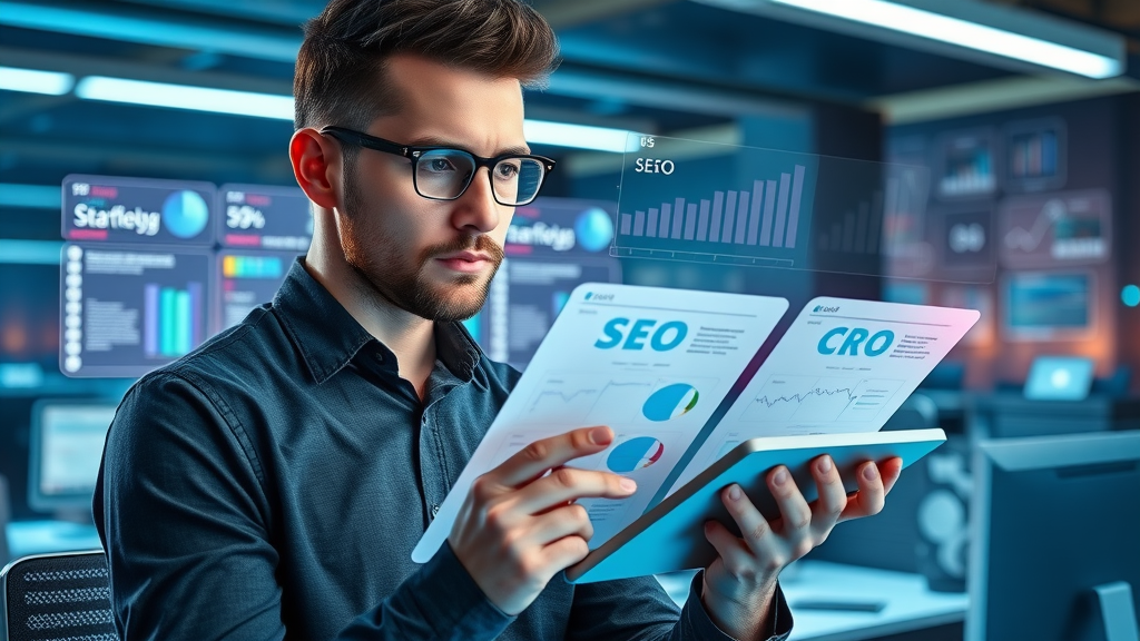 digital marketer comparing SEO and CRO strategies digital marketing analytics