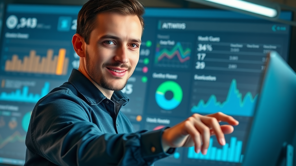 marketing automation software dashboard with user interacting vibrant graphs campaign management