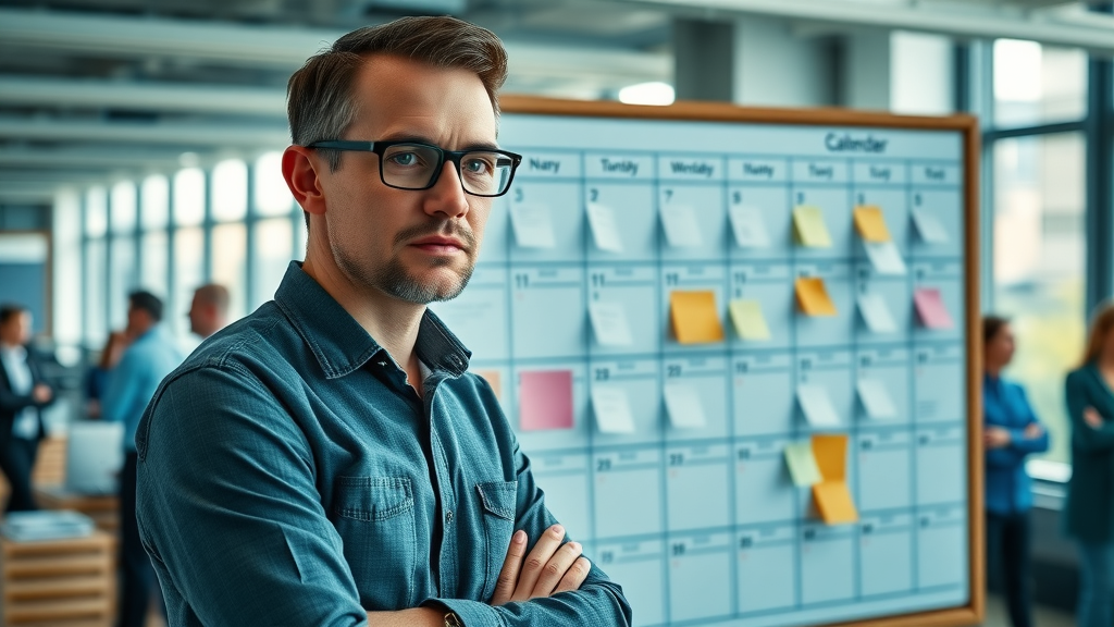 organized marketer planning a content calendar on a wall board in a modern agency office