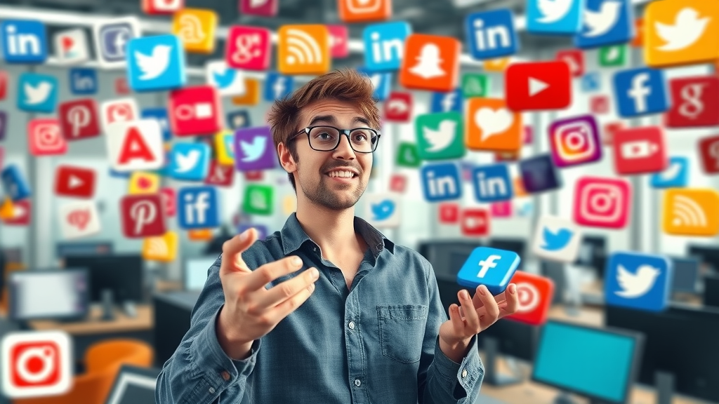 Diverse social media app icons; digital marketer choosing platforms for social media strategy; vibrant background