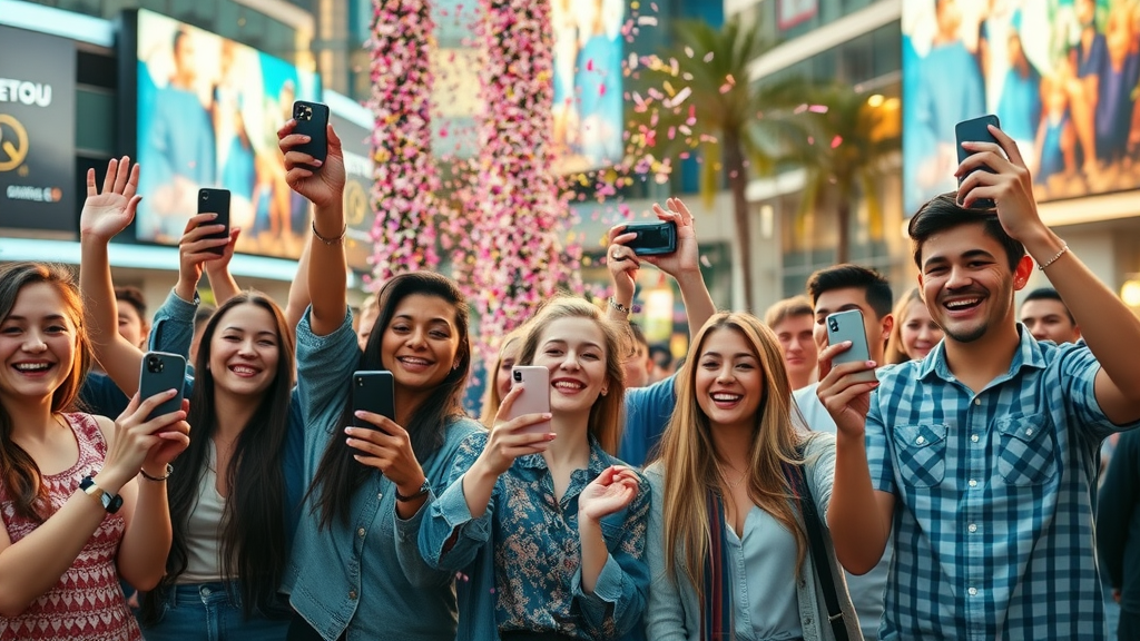 Social sharing and engagement: community group celebrating video content success and recording UGC