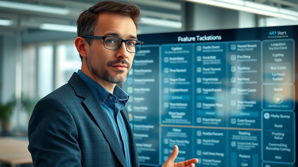 Professional marketer comparing AI marketing tool features using a detailed chart, focusing on key attributes for marketing teams in a modern collaborative office scenario