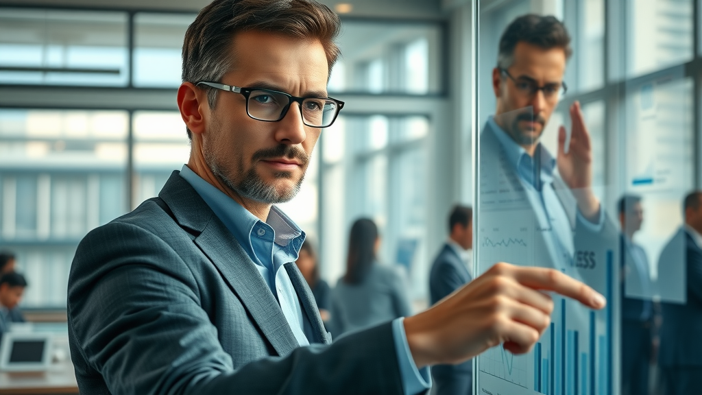Insightful analyst analyzing market research charts on a glass board with a team in the background.