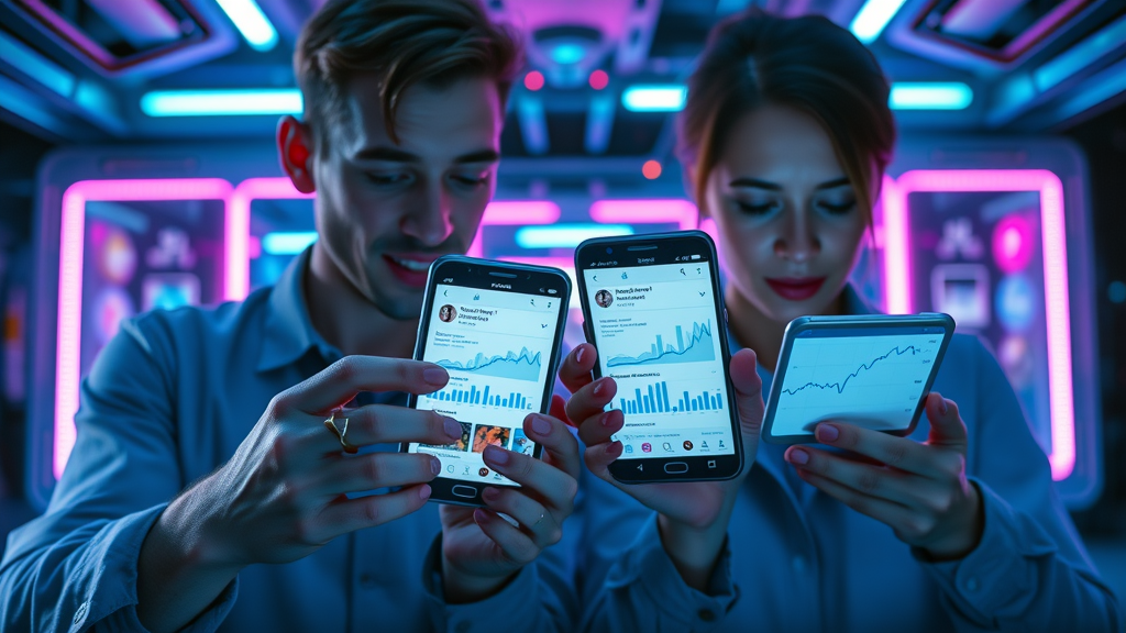 multiple mobile devices displaying social media content marketing metrics side-by-side