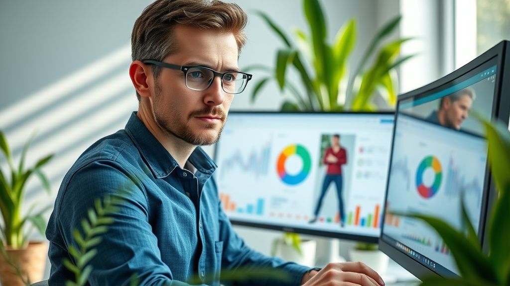 Tech-savvy marketer analyzing colorful audience segmentation data for social media ads on a digital dashboard