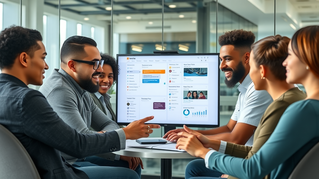 diverse team collaborating using content scheduling software for media management in a modern office