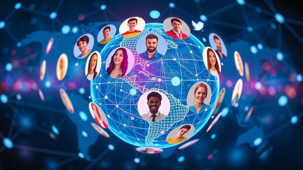 Vibrant digital globe, interconnected user avatars, demonstrating digital interaction on multiple social media platforms, dynamic light trails, social media platforms