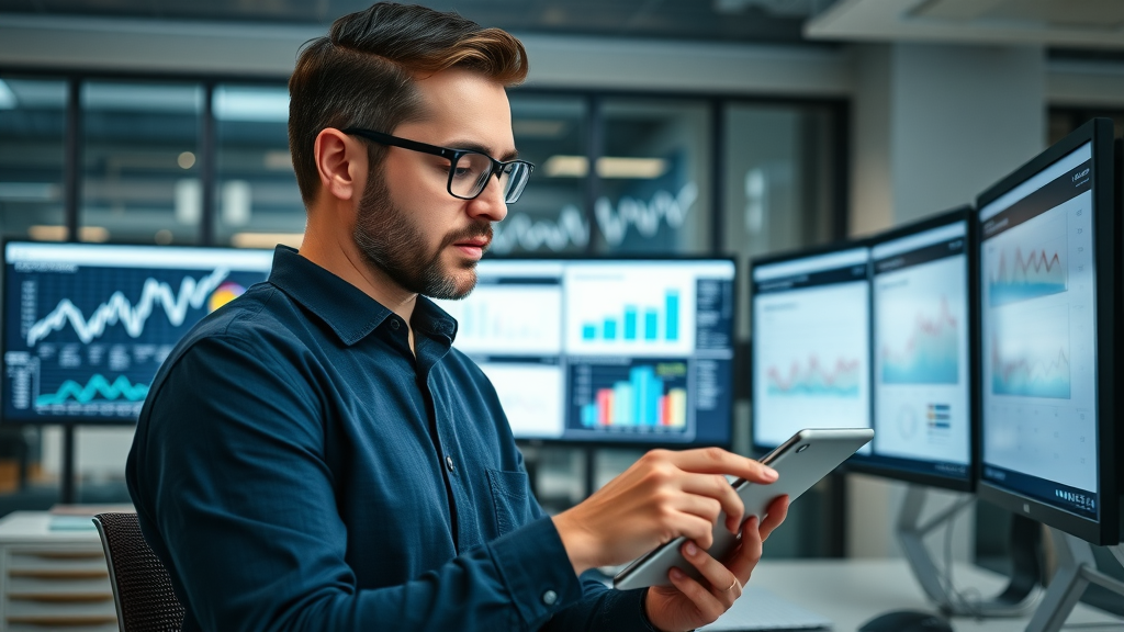 marketing analyst reviewing customer retargeting campaign performance charts and analyzing conversion rates