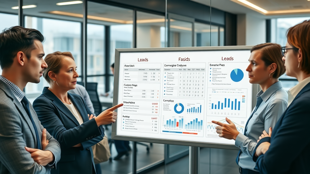 Corporate analyst team evaluating lead scoring models with demographic and behavioral factors on a digital whiteboard