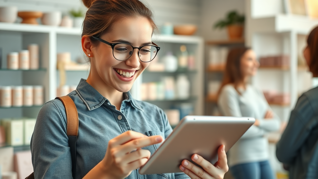 business owner reading positive online reviews, illustrating the importance of reviews and mentions for off-page SEO