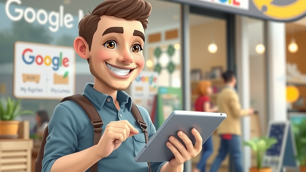 friendly small business owner updating Google My Business for local seo strategies