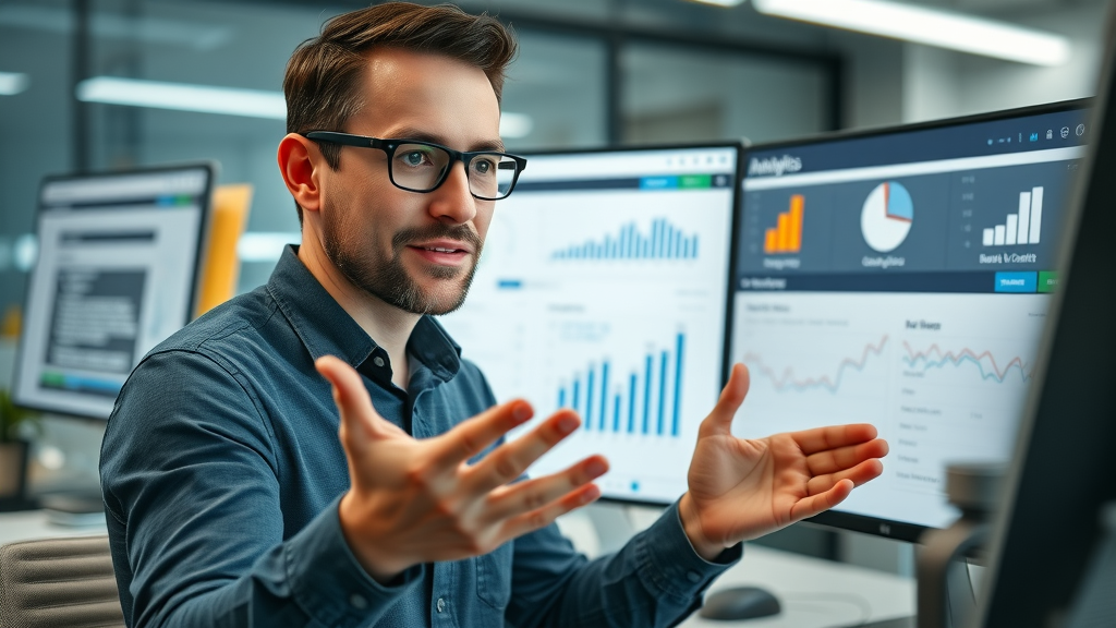 intuitive dashboard interface with confident analyst explaining Google Analytics for content marketers