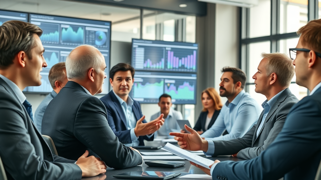 Brand reputation data presentation at business conference, business leaders discussing analytics and opinions