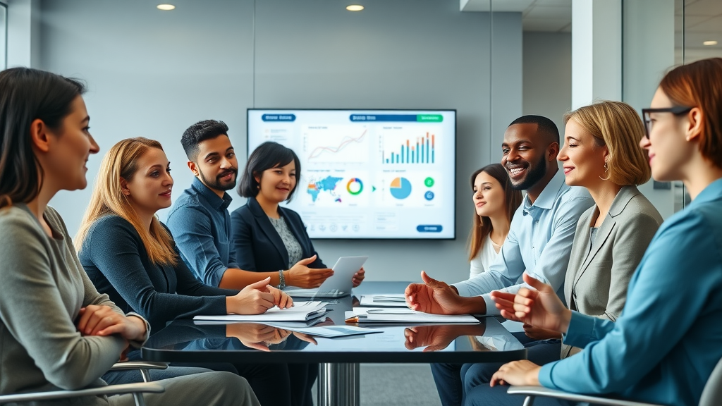 group participating in demographic segmentation for ad targeting in a modern office setting