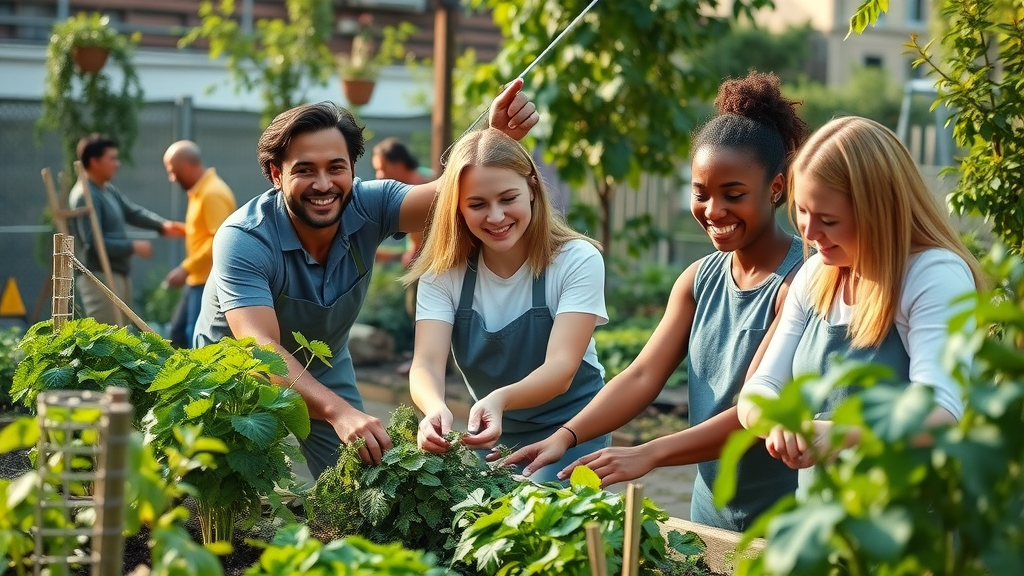 Corporate social responsibility building brand reputation; employees volunteering at urban charity garden