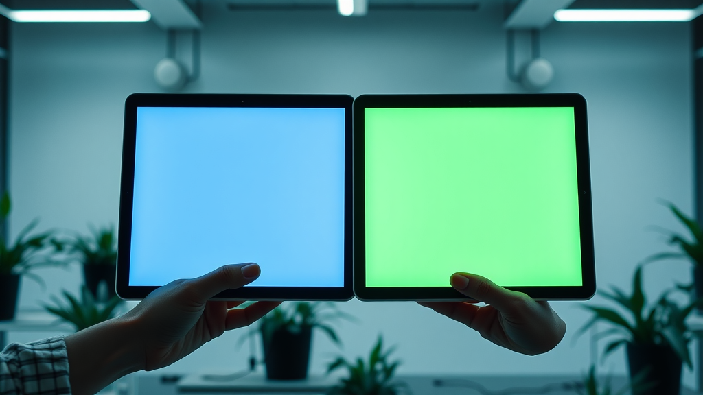 side-by-side paid ad designs for A/B testing on tablets in minimalist tech office