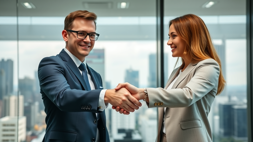 Trustworthy brand reputation handshake, professionals exchanging a firm handshake in corporate office setting