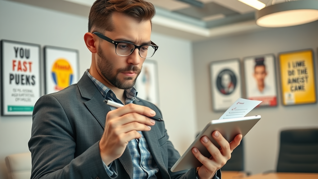 Determined entrepreneur using tablet for online reputation management checklist, corporate meeting room, proactive