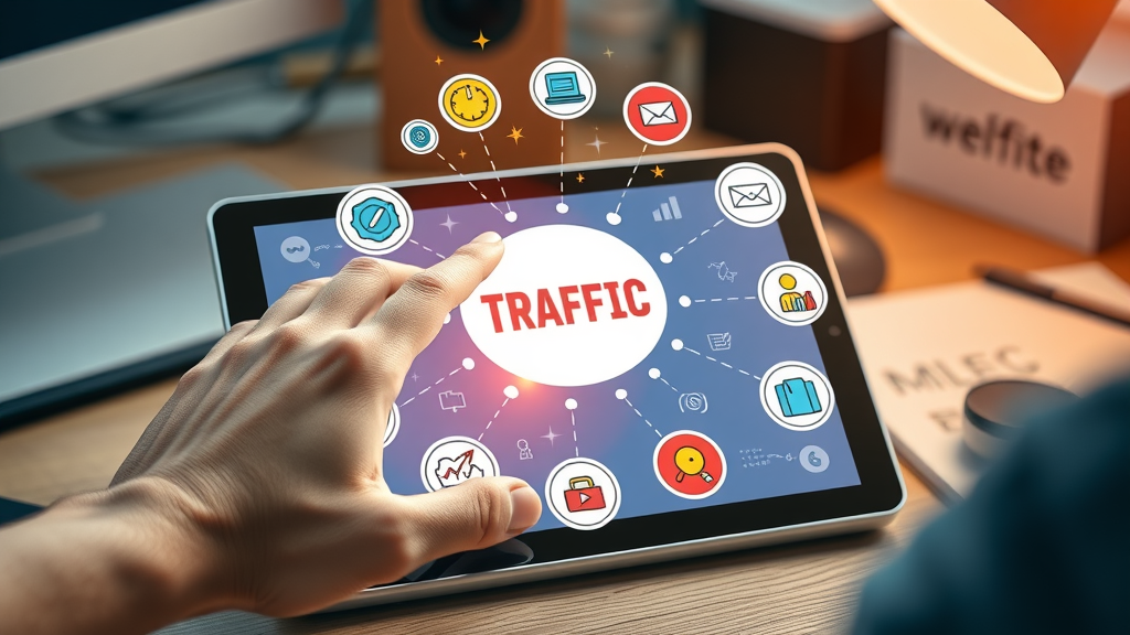 Creative infographic on tablet device, hand interacting with icons of different traffic sources, colorful lines connecting sources to website center, 85mm lens. Faces, limbs, hands, and fingers positioned naturally. No text.