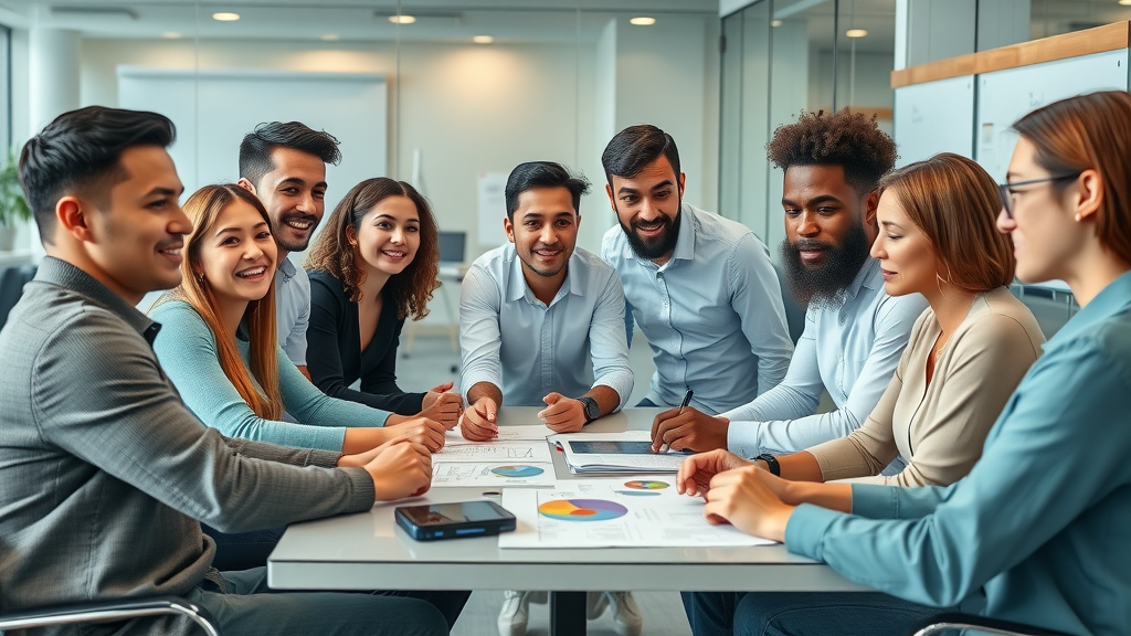 dynamic team of diverse professionals collaborating on brand messaging, strategizing around branding materials in a vibrant modern office, brand messaging