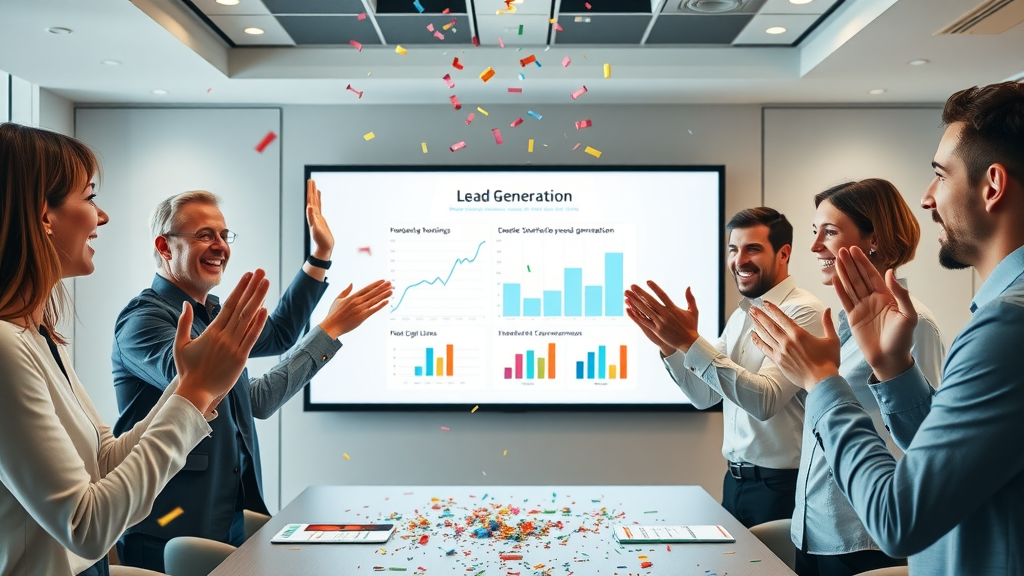email marketing strategies B2B team celebrating increased leads and digital charts