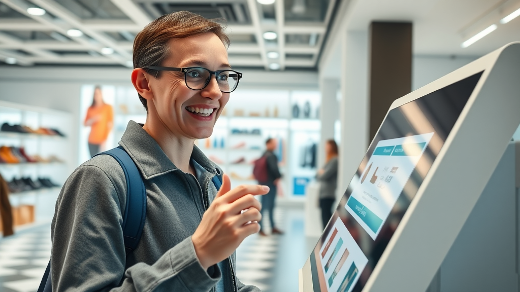 delighted customer receiving personalized shopping recommendations on digital kiosk for marketing automation