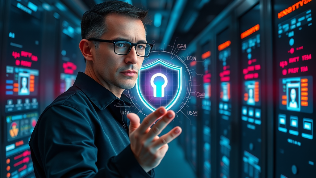 firewalls and cybersecurity displays in data center server cabinet monitored by IT security professional