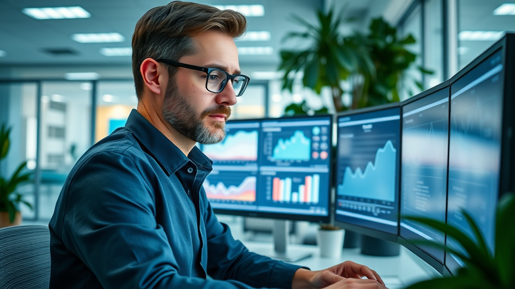 marketing specialist analyzing brand awareness metrics and graphs digital dashboards