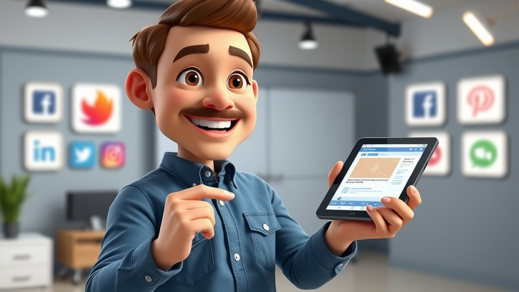 Enthusiastic digital marketer demonstrating steps to create a social media ad on a touchscreen device
